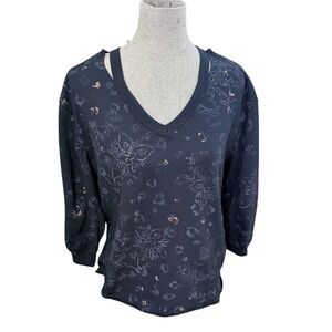 Democracy Floral Patterned V-Neck Sweater - Dark Blue